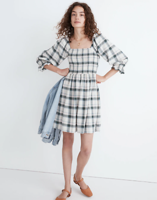 Madewell Lucie Elbow-Sleeve Smocked Mini Dress in Lebaum Plaid Size Small |  eBay