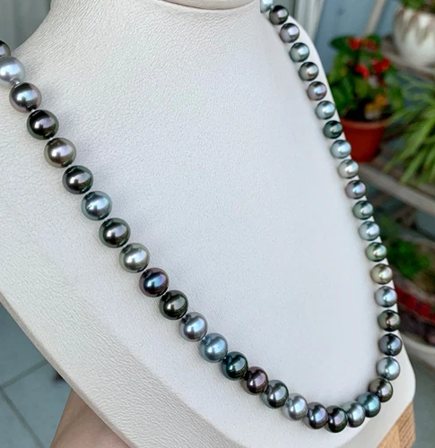 20"8-9mm natural tahitian black multicolor round pearl necklace 14k