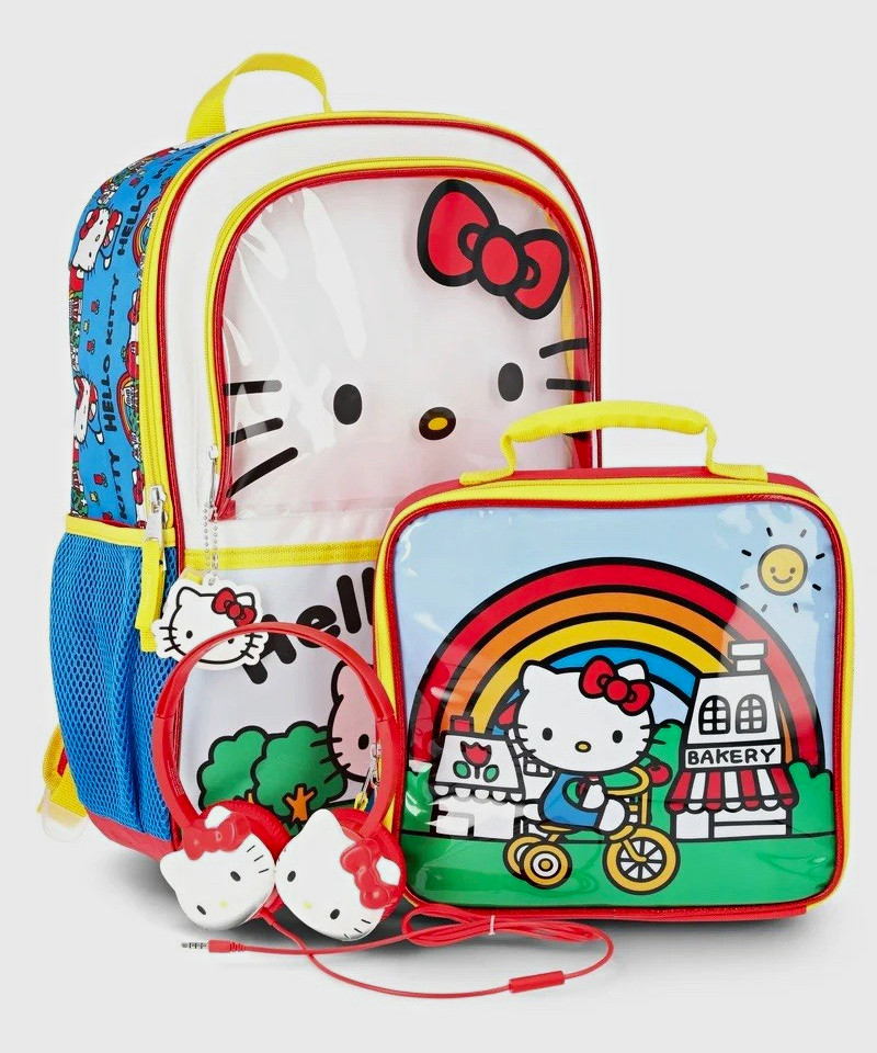 Hello Kitty Girls 4-Piece 17" Backpack Set Lunch Bag Headphones Dangle