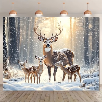 1pc, Christmas background cloth, 70.8X90.5in, Winter Forest Snow Deer Background
