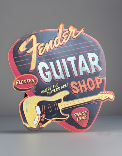 Fender Guitar Shop Sign Electric Metal Vintage Style Pick Guard String Band