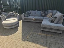 Large Grey Corner Sofa + Chaise, Swivel Chair & Footstool – Delivery Available