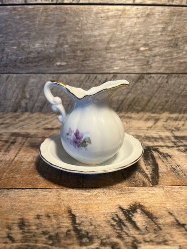 Brocca e lavabo vintage porcellana lilla bordo oro madre crema 8# - Foto 5 di 10