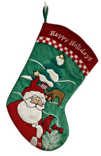 Happy Holidays Christmas Stocking Santa with Cardinal Deer Velvet Backing 19"