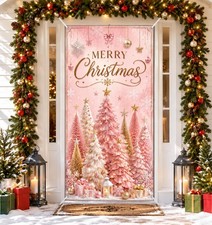 Pink Merry Christmas Door Cover Banner Decorations 70.86 x 35.43 Tree