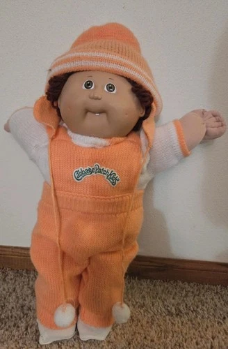 Vintage 1985 Cabbage Patch Kid In Orange Knit Outfit W/Hat, Boy W/1 Tooth, EUC