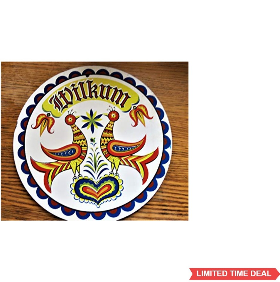 Vintage Pennsylvania Dutch Metal Sign Wilkum Round Folk Art 12 Inch Wall Decor