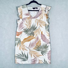 Tahari Linen Dress Womens S Beige Floral Popover Mini Hawaiian Ruffle