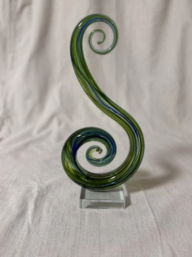 Art Glass Swirl Sculpture – Green & Blue Ribbon Twist – 12”
