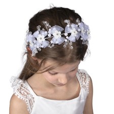 Girls First Communion Headband with Flowers Faux Pearls Crystal Accents