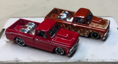 2013 Hot Wheels 67' Chevy C10, Red/White Stripes, Brown/ Flames, 1/64 (loose)