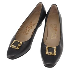 Salvatore Ferragamo Pumps Leather Black Gold Auth ti3478