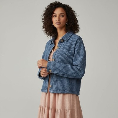 $149 Bagatelle Women s Waffle Textured Blue Denim Short Jacket Front Button Sz M