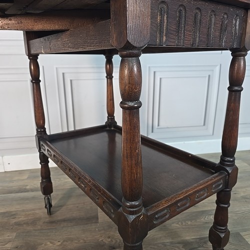 Vintage Oak Drop Leaf Tea Trolley Table On Castors - Wooden Serving Table Drinks - Picture 15 of 24