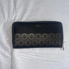 Ralph Lauren Zip Around Wallet Black Die Cut Women`s RL Credit Card Slip Pockets