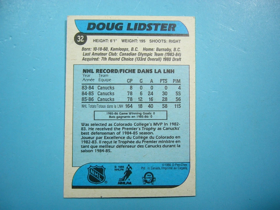 1986/87 O-PEE-CHEE HOCKEY CARD #32 DOUG LIDSTER EX/NM SHARP!! AUTO AUTOGRAPH OPC - Image 2 of 3