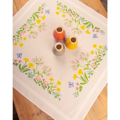 Vervaco Tischdecke Kreuzstich Stickpackung ''Feldblumen'', Stickbild vorgezeichnet