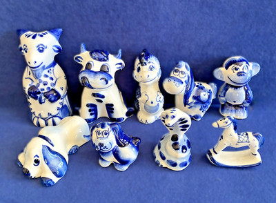 VTG Gzhel Small (1''-3'' tall) Figurines - Lot of 9 - Hand Painted Cobalt Blue