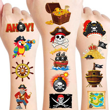 96 PCS Pirate Pre-Cut Temporary Tattoos for Kids, Pirate Ship Nautical Themed Ta