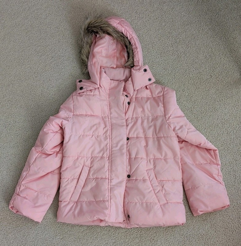 Gap Kids Girls Puffer Jacket Coat Pink Medium Faux Fur Hood