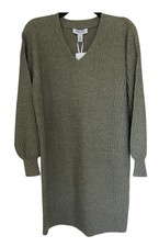 Nine West Lurex V-Neck Sweater Dress Medium Light Olive Heather New