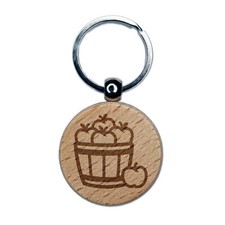 Basket of Apples Fruit Fall Engraved Wood Round Keychain Tag Charm