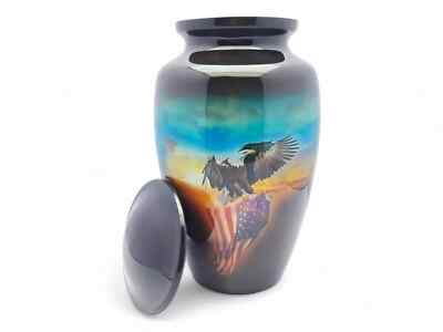 Black USA Flag & Eagle Adult Cremation Urn Handcrafted Metal Patriotic Memorable