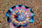 ANTIQUE DUGAN FLOWERS AND FRAMES CARNIVAL GLASS  RUFFLED BOWL, ELECTRIC PURPLE