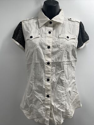 Raw Blue Junior White Black Cotton Blend Short Sleeve Front Pocket Shirt Size M