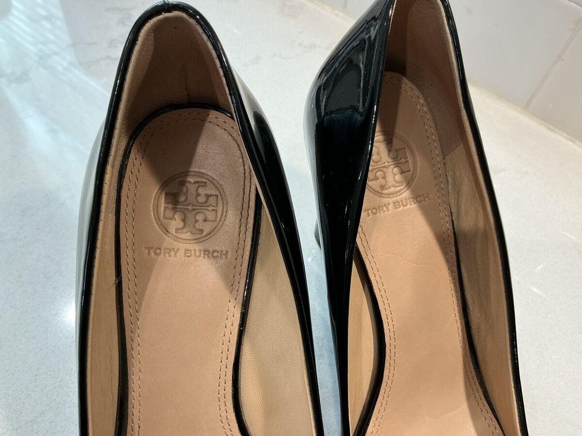Tory Burch Women's Size 7.5 TRUDY Black Patent Peep Toe Tory Burch Women's Size 7.5 TRUDY Black Patent Peep Toe