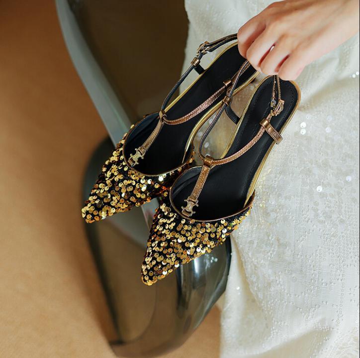 PANTOFOLA D’ORO Sandali slip on donna estate paillettes punta tacco gattino Mary Jane pompa festa