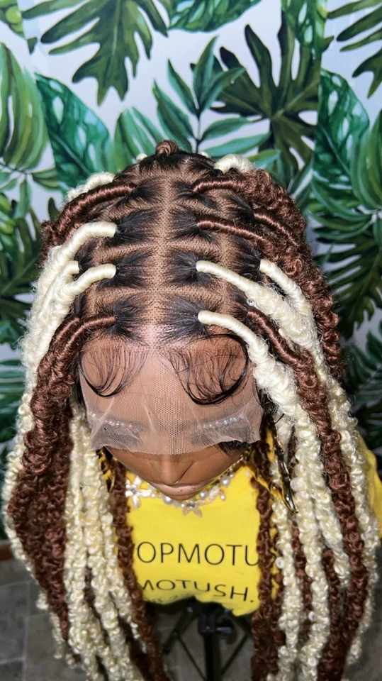 Peluca trenzada, trenzas de caja, locos de imitación, peluca frontal de encaje, sintética, sin nudos. Foto 2 de 4