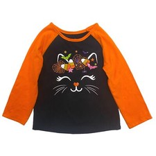 Toddler Girls Orange Black Long Sleeve Kitty Face Halloween T-Shirt