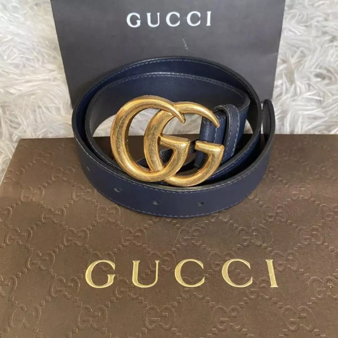 Gucci Ceinture Marine Marmont Entrelacée Quincaillerie Dorée GG Femme Du Japon Occasion