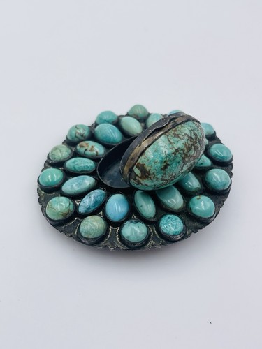 Prieto Vintage Meksykański 900 Srebrny Turkus Ukryte pudełko z trucizną Broszka Przypinka - Zdjęcie 7 z 9