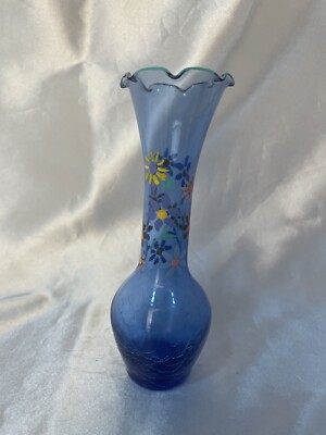 Vintage Hand painted Glass Vase Blue W/ Crackle Base Ruffled Edge 6  Tall