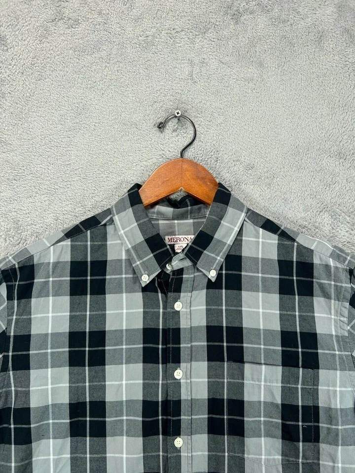 Camisa negra grande MERONA para hombre a cuadros con botones gris manga larga 100 % algodón Foto 2 de 4