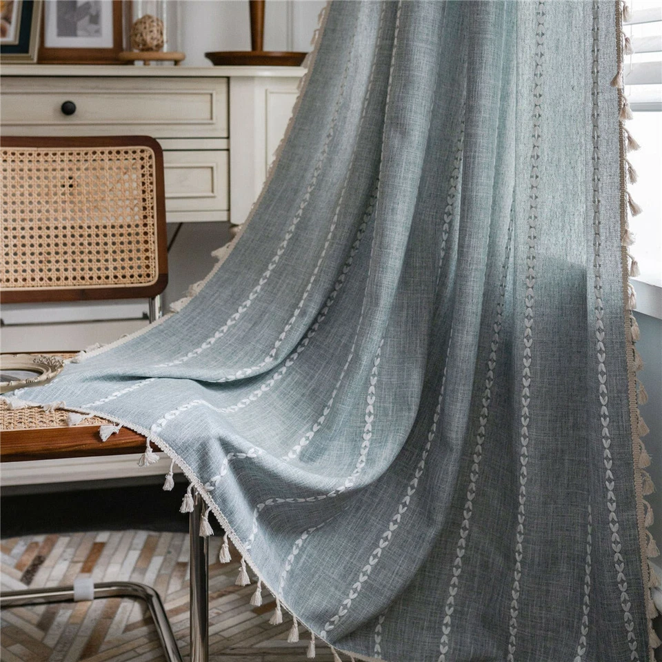 Stripe Embroidery Curtain For Living Room Tassel Drape Treatment - Image 2 of 4