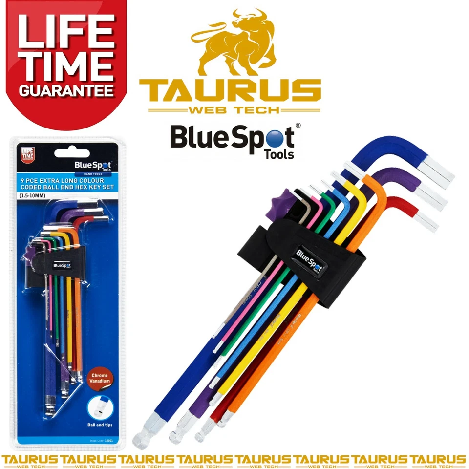 9 x BlueSpot Extra Long Colour Coded Ball End Hex Allen Keys Set 1.5-10mm Metric - Image 2 of 3