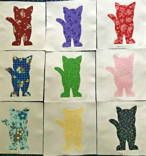 Edredón Top 6" Bloques Algodón Costura Tela Artesanal Gato Apliques Lote de 9 - Imagen 1 de 3