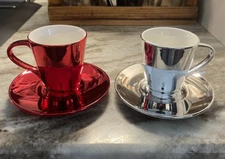 NIB 2013 Starbucks 2 sets - 1 Red 1 Silver cup & Saucer 3oz. Espresso Cups