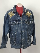 VTG 80s FreeGo Blue Jean Denim Jacket SMALL Gold Silver Stud Bead Sequin Petite