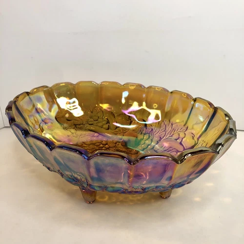 Vintage Indiana Iridescent Carnival Glass Fruit Harvest Grape Amber Footed Bowl