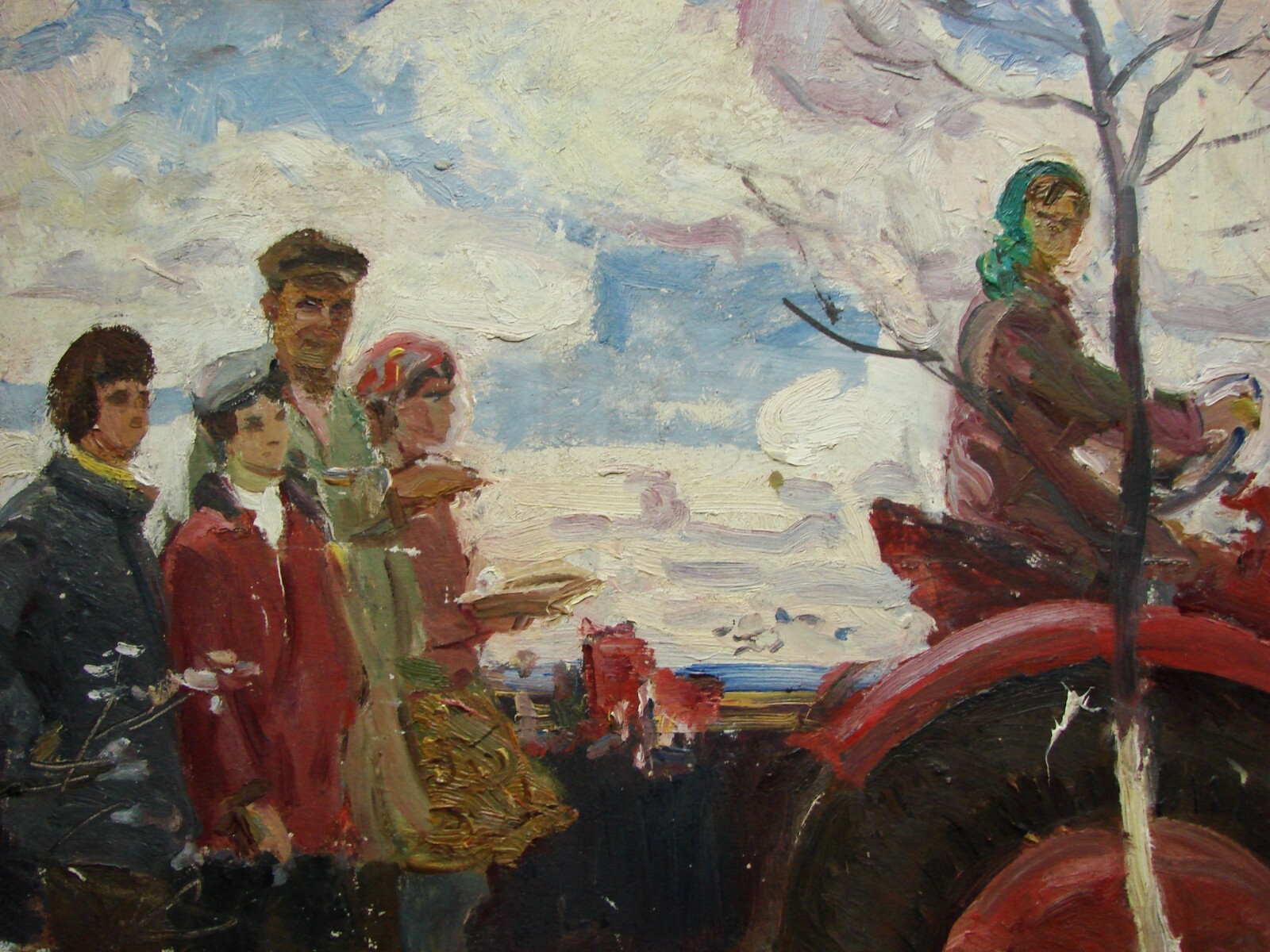 Ukrainian Soviet Oil Painting realism impressionism villagers tractor field - Photo 2 sur 4