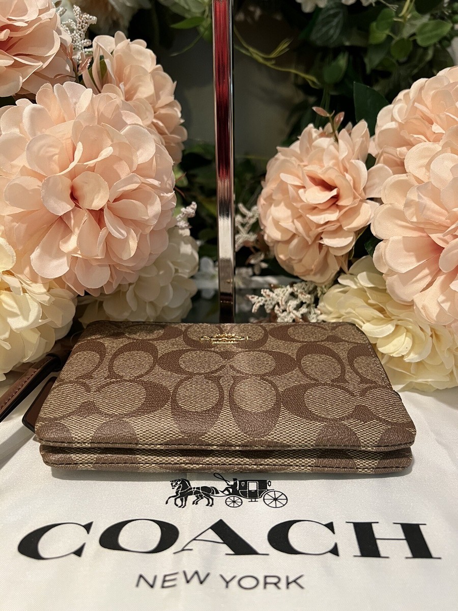 COACH Signature Canvas Double Zip Wristlet~Khaki/Saddle 2 or Light