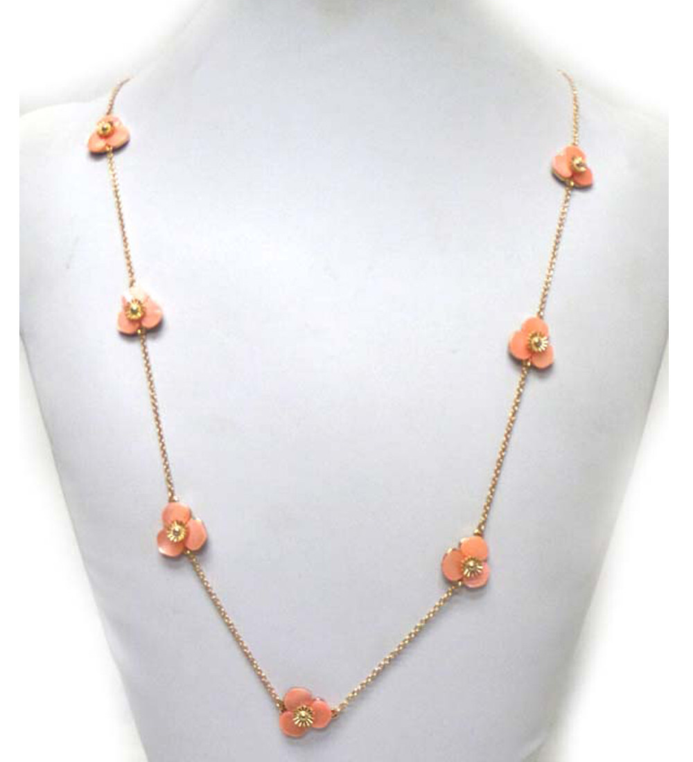 Pink Shell Flower Charm Long Chain Necklace for Women