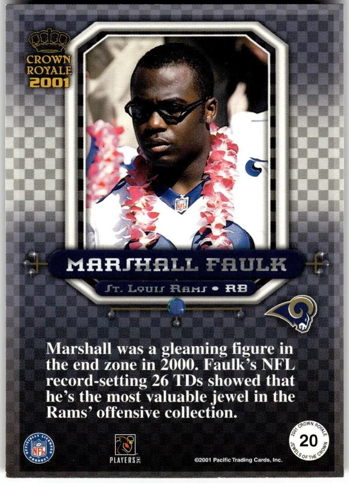 2001 Pacific Crown Royale #20 Marshall Faulk Jewels of the Crown - Image 2 of 2