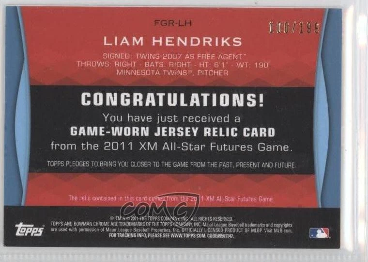 2011 Bowman Draft Futures Game Relics Blue /199 Liam Hendriks #FGR-LH - Image 2 of 2