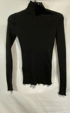 Prada Women's Black Ribbed Mock Neck Lettuce Hem Sweater Cotton Size IT 36