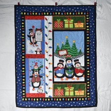 New handmade child's size holiday quilt 39"x49" Christmas blanket penguins trees
